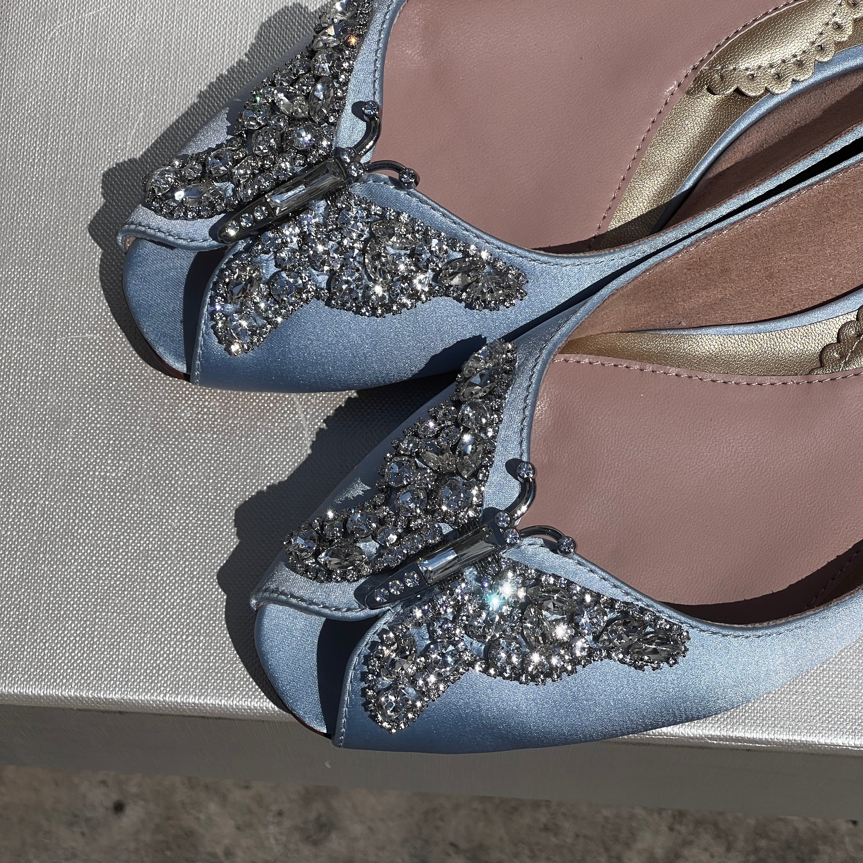 LIANA BUTTERFLY OPEN TOE FLATS POWDER BLUE SATIN