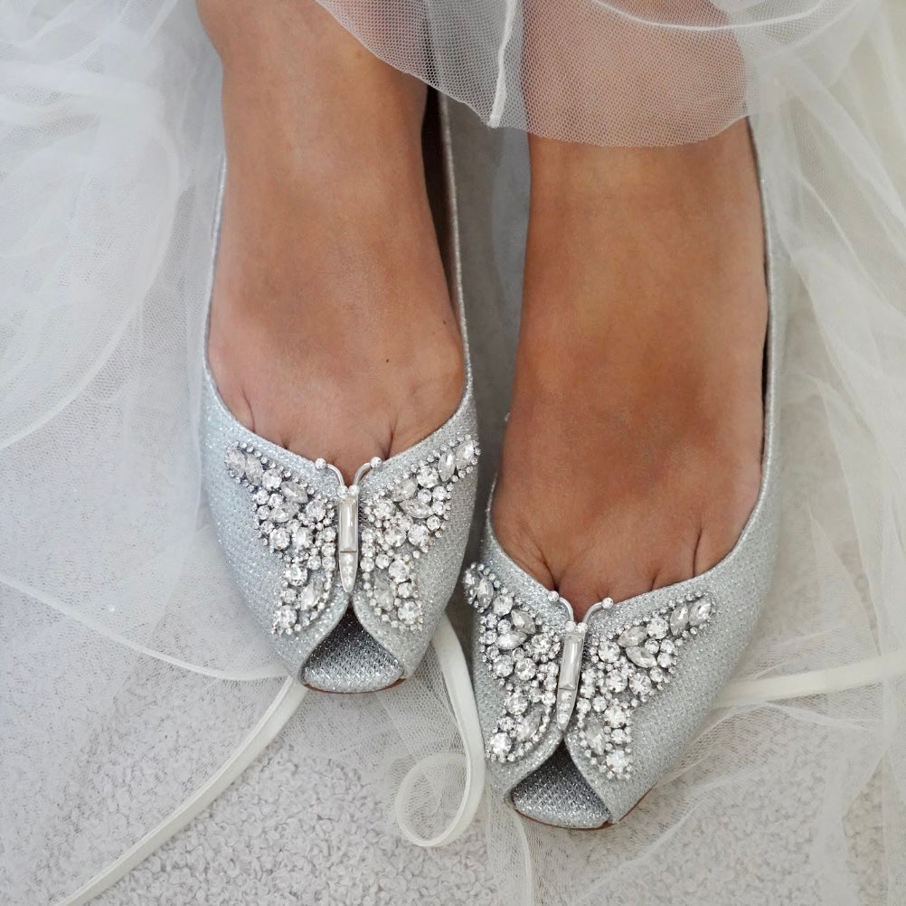 LIANA BUTTERFLY OPEN TOE FLATS SILVER MESH