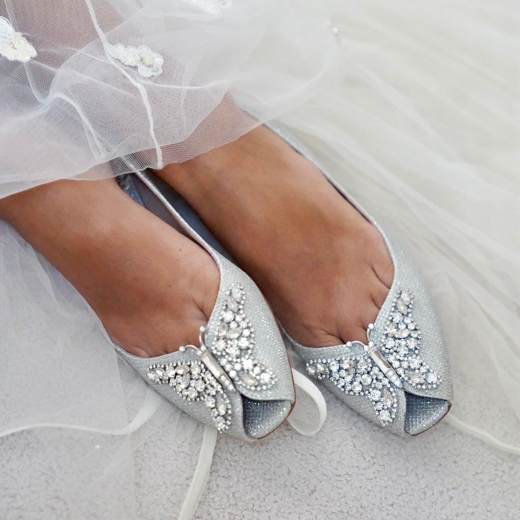 LIANA BUTTERFLY OPEN TOE FLATS SILVER MESH