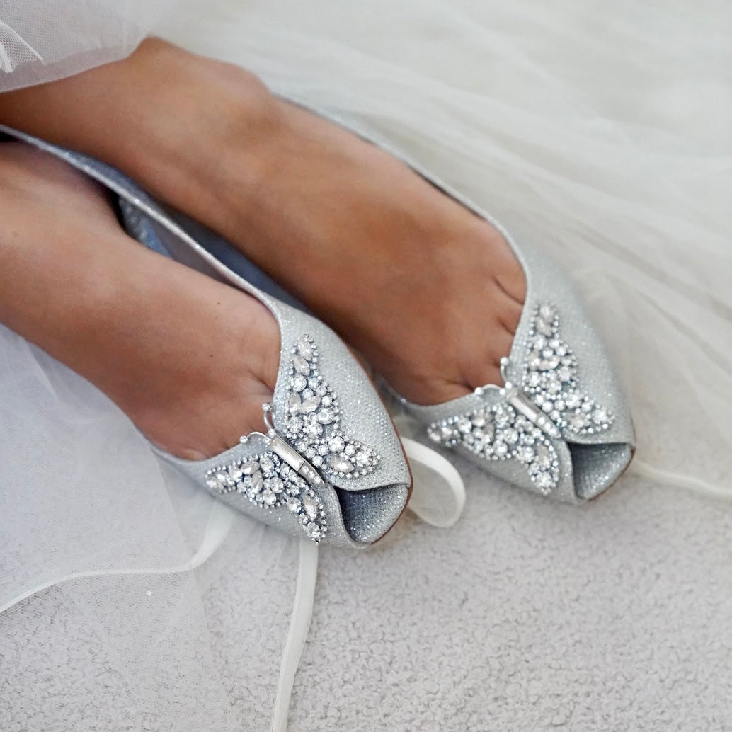 LIANA BUTTERFLY OPEN TOE FLATS SILVER MESH