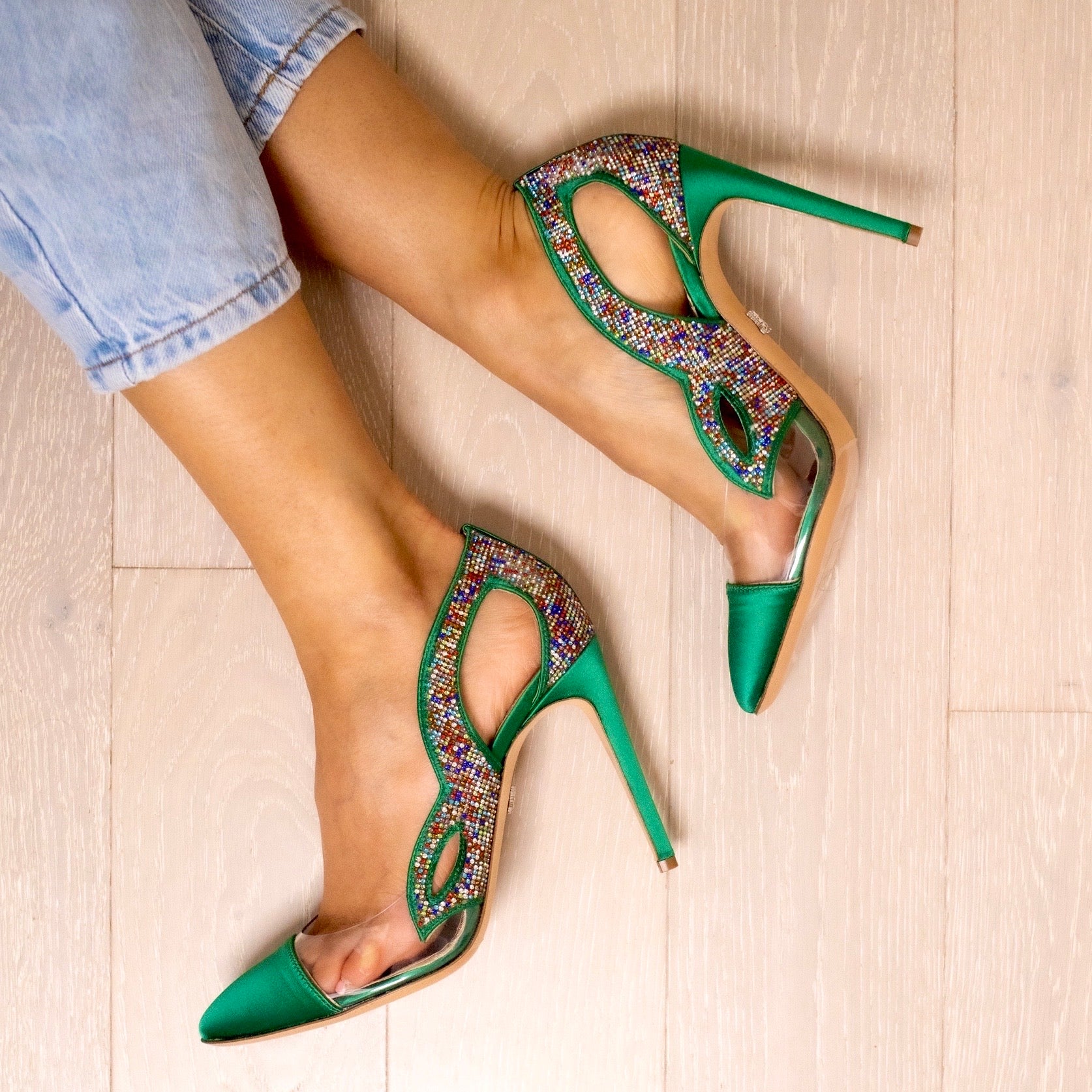 Cosmo Emerald Green Multicoloured Crystal Heels